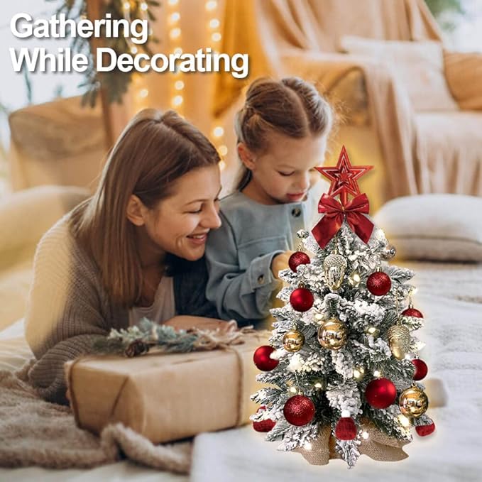 Small Christmas Tree with Light for Table Top, Mini Tabletop Christmas Tree with Decoration, 2FT Pre-lit Artificial Flocked Christmas Tree for Home, Office, Desk, Red