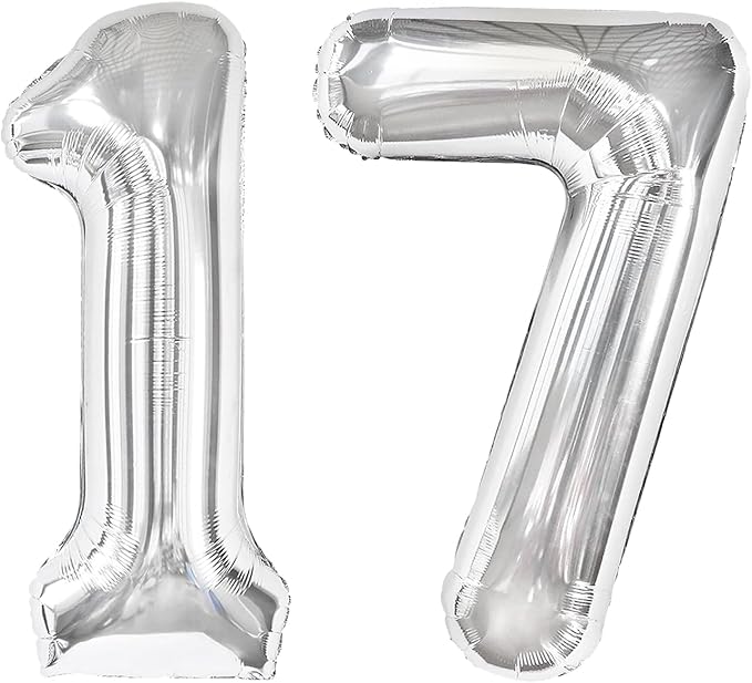 Silver Number 17 Balloon 40 inch, 17 Number Balloons, 17th Silver Birthday Decorations for Girls Boys Kids, 17 Year Old Silver Party Supplies