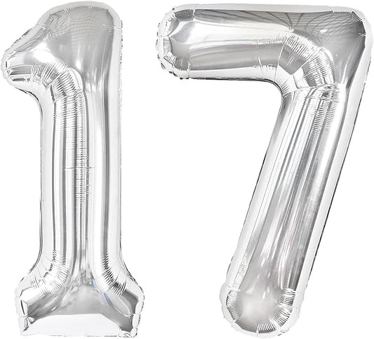 Silver Number 17 Balloon 40 inch, 17 Number Balloons, 17th Silver Birthday Decorations for Girls Boys Kids, 17 Year Old Silver Party Supplies