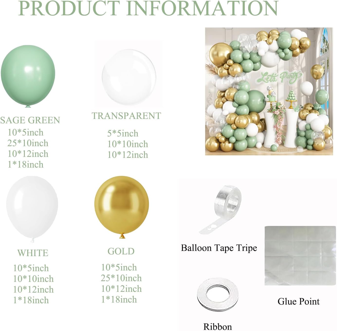 Sage Green White Gold Balloon Garland Arch Kit, 148Pcs Green and White Clear Balloons for Baby Shower Wedding Bridal Shower Birthday Party Decorations