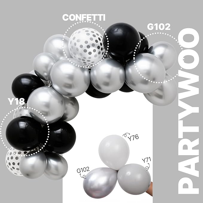 PartyWoo Black and Silver Balloons 65pcs 12 Inch Matte Black Metallic Chrome Silver Confetti Balloons for Graduation Baby Shower Men Birthday Wedding Anniversary New Year's Eve Party Decorations