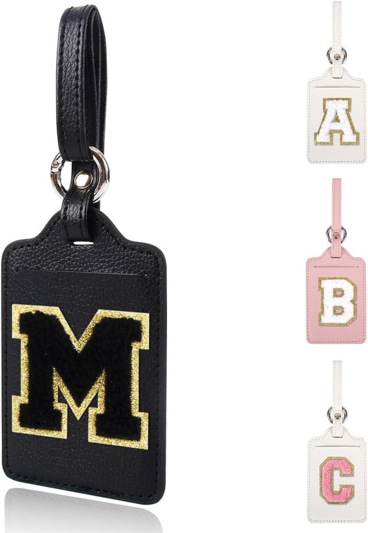 Personalized Initial Luggage Tags for Suitcases, Leather Chenille Letter Cute Luggage Tags with Privacy Name Card, Embroidered Travel Bag Backpack Tags Gifts for Women Kids Girls Teens(Black-M)