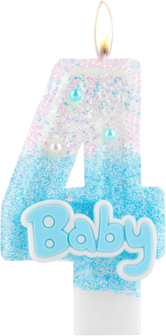Blue Baby Birthday Number Candles, Birthday Candles for Cake, Glitter Number 4 Candle Cake Topper with Sequins for Baby Boys Girls, Baby Baptism Birthday Party Cake Decorations