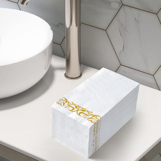 Vplus 200 Pack Paper Napkins Guest Towels Disposable Premium Quality 3-ply Dinner Napkins Disposable Soft, Absorbent, Perfect for Kitchen, Wedding, Parties, Dinners or Events (Gold)