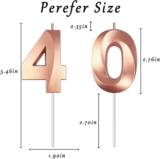 Rose Gold Number 40 Candles, 3D Diamond 2.76 Inch Cake Topper Birthday Candles for Wedding Anniversary Cake Decorations, Happy Birthday Party Decorations