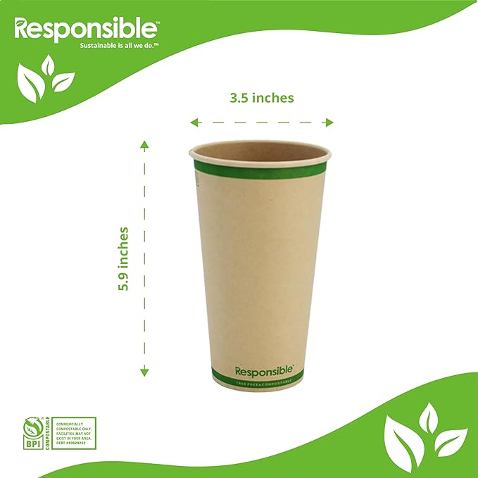 Responsible Products 20 oz Paper Hot Cups, Tree-Less™ Compostable Paper Coffee Cups, Extra Strength, Tree-Free and Made Without PFAS, Natural Brown (1000 Count)