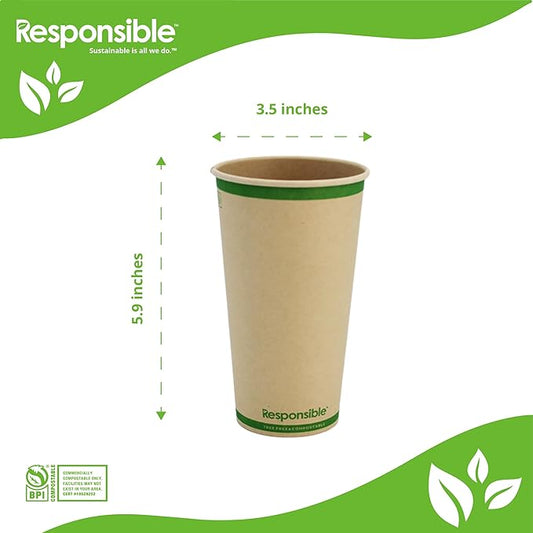 Responsible Products 20 oz Paper Hot Cups, Tree-Less™ Compostable Paper Coffee Cups, Extra Strength, Tree-Free and Made Without PFAS, Natural Brown (1000 Count)