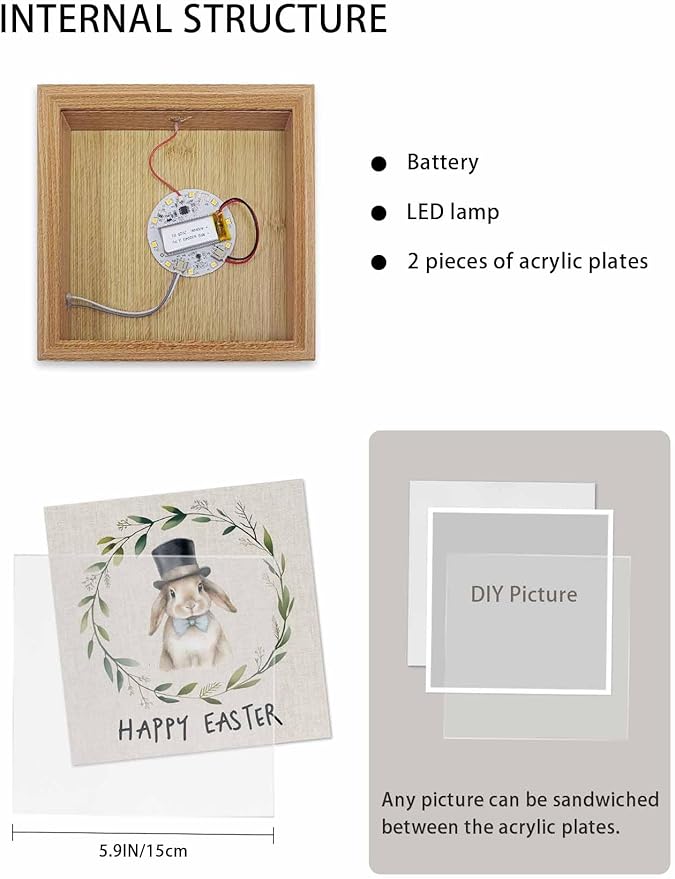 Happy Easter Bunny Garland Wooden LED Night Light USB Rechargeable Dimmable Touch Table Light for Home Decor Eucalyptus Leaf Retro Linen Wood Picture Frame Box,6.5X6.5IN