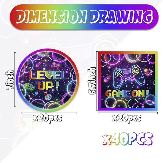 40pcs Video Game Party Supplies Video Game Plates and Napkins for Kids Boys Girls Neon Video Game On Birthday Party Favors Supplies