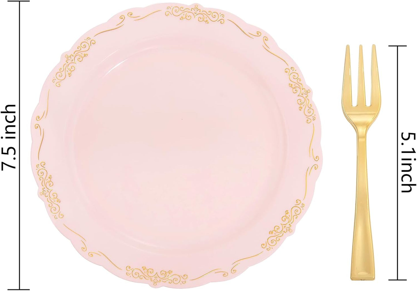 LIYH 100 Pcs Pink Gold Dessert Plates - 100 Pcs Gold Plastic Forks,Cake Plates Disposable with Forks, Appetizer Plates, Bridal Shower Party Plates for Birthday Wedding Party