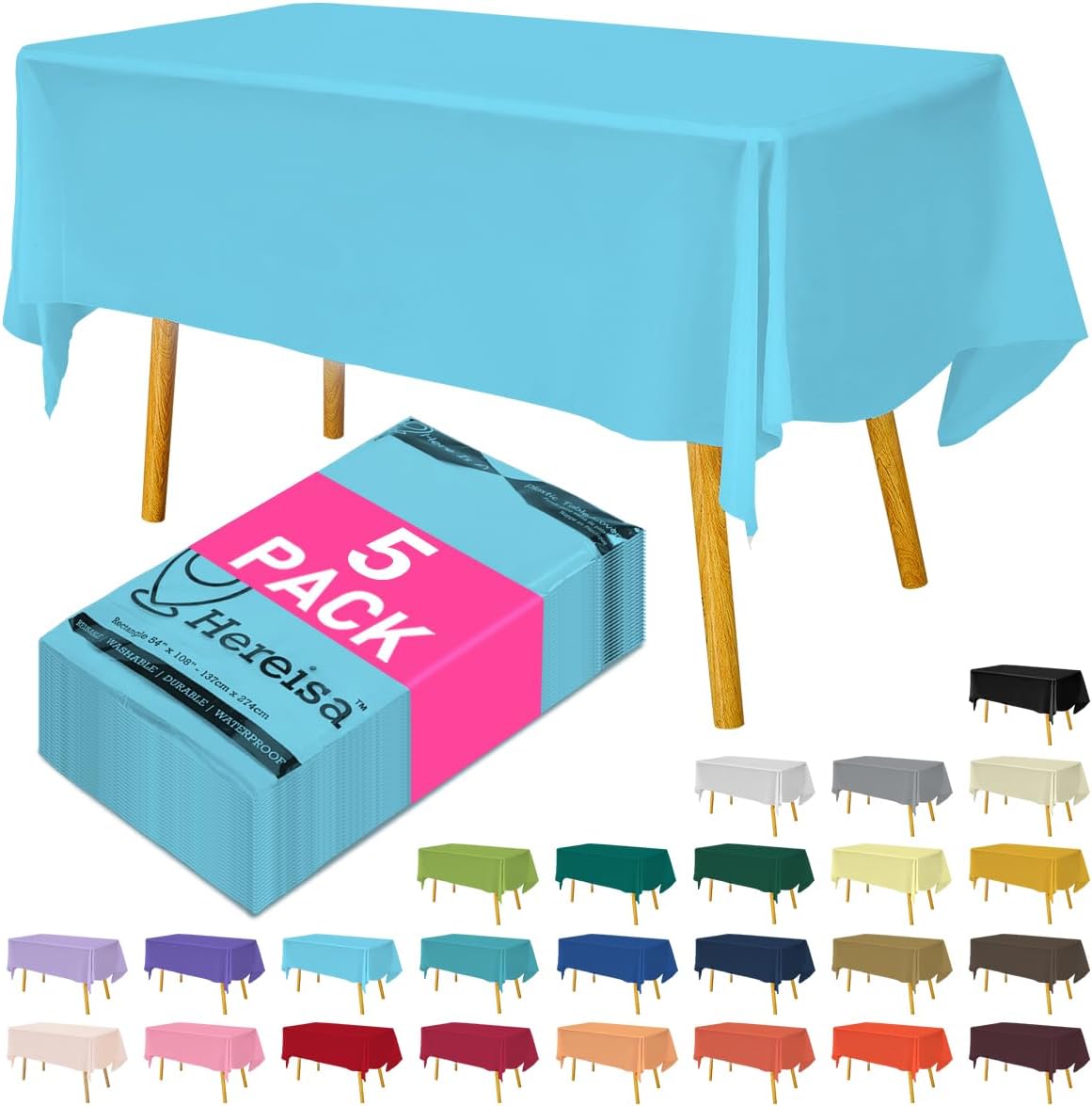 Disposable Plastic Tablecloth Light Blue 54x108 Inch, 5-Pack Waterproof Rectangular Table Cover for Parties, Picnics, Dining Protection