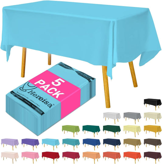 Disposable Plastic Tablecloth Light Blue 54x108 Inch, 5-Pack Waterproof Rectangular Table Cover for Parties, Picnics, Dining Protection