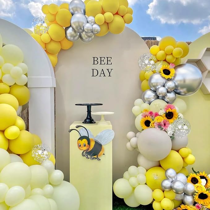 Yellow Silver Balloon Garland Arch Kit, 167Pcs Latex Balloons Different Sizes 18 12 10 5 inch for Birthday Bee themed Baby Shower Graduation Wedding Party Decorations