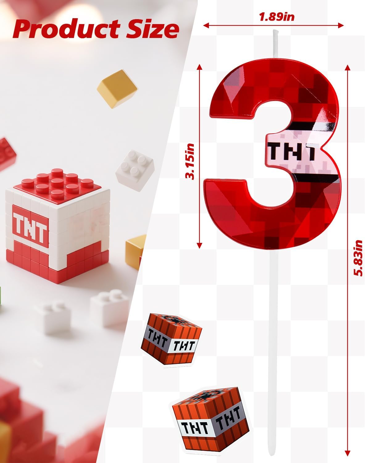 Pixel Birthday Candle, 2.68 Inch Miner Number Candles, Game Themed Candle Birthday Decoration for Pixel Theme Birthday Anniversary Dynamite Video Game Party (Red, 3)