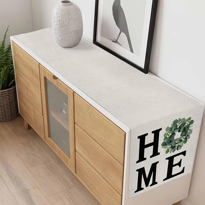 Home Green Eucalyptus Leaves Garland Table Runner 90 Inches Long Cotton Linen Dresser Scarves for Kitchen Daily Use Family Dinners Party Gathering Home Decor Retro Linen Table Runners