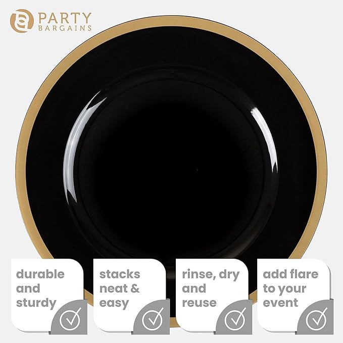 PARTY BARGAINS 13-Inch Charger Plates - 4 Pack, Black Gold Rim, Heavy-Duty Disposable Chargers for Elegant Dining - Ideal for Weddings and Formal Events