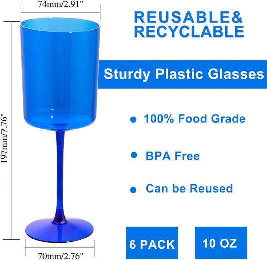 Ciaell 6 Pack Blue 10 Oz Plastic Wine Glasses with Stem - Disposable Wine Glasses for Parties & Weddings & Poolside & Outdoors & Camping