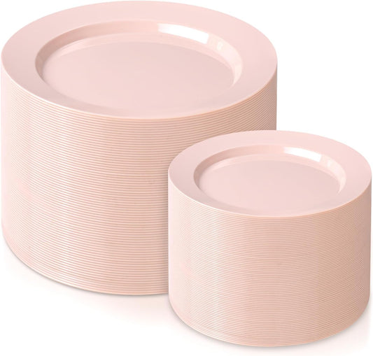 FLOWERCAT 200PCS Pink Plastic Plates Disposable Plates for Party - Heavy Duty Plastic Plates - 100 10" Pink Dinner Plates and 100 7" Pink Salad Plates for Weddings, Easter Parties,Mother's Day