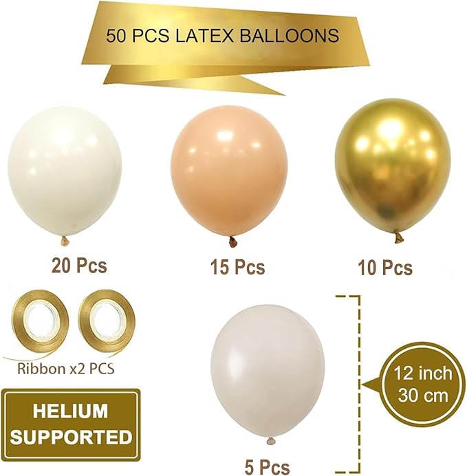 Blush Gold Beige Neutral Balloons, 50pcs 12 inch Neutral Balloon Blush Gold Beige Latex Balloons for Birthday Wedding Bride Shower Party Decoration