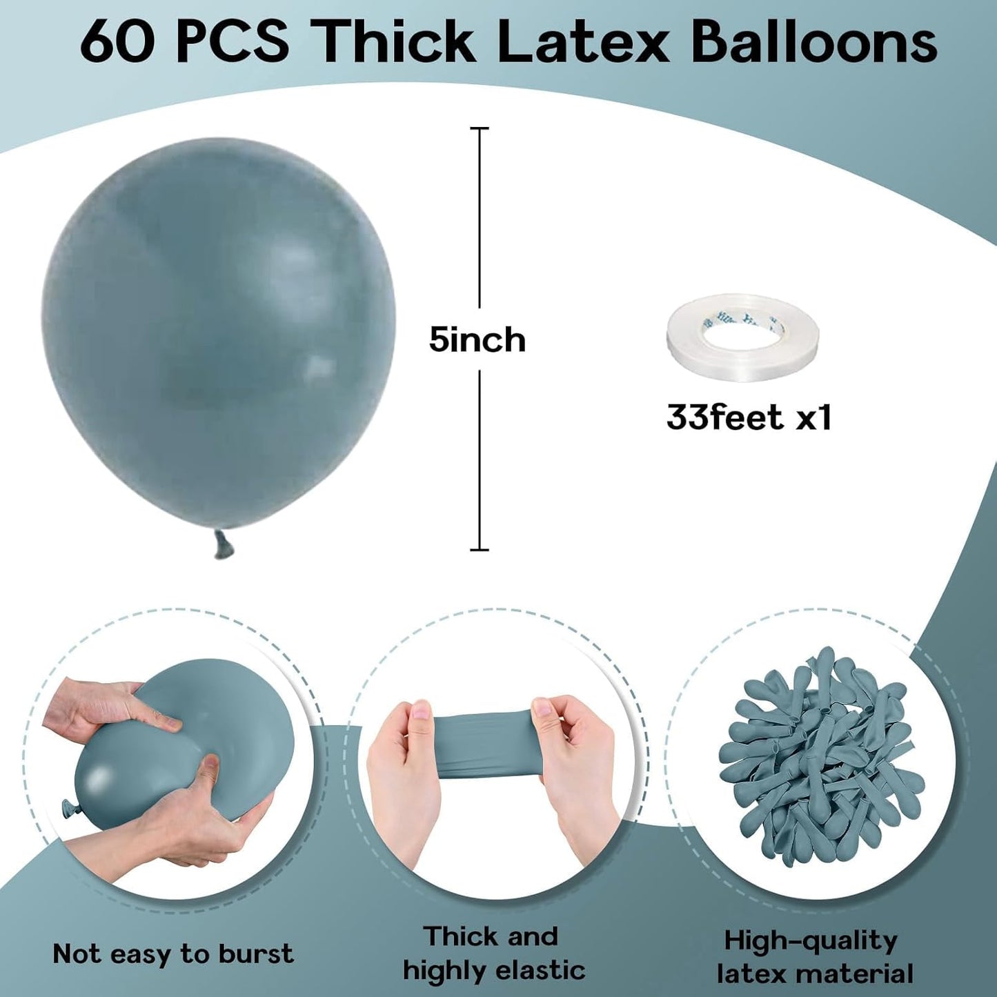 Slate Blue Balloons 5 Inch, 60Pcs Small Dusty Latex 5'' Mini Matte Retro Sea Helium for Birthday Boho Baptism Wedding Party Decorations