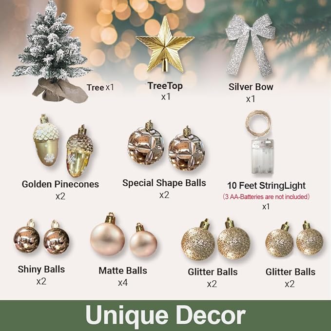 Small Christmas Tree with Light for Table Top, Mini Tabletop Christmas Tree with Decoration, 2FT Pre-lit Artificial Flocked Christmas Tree for Home, Office, Desk, Gold