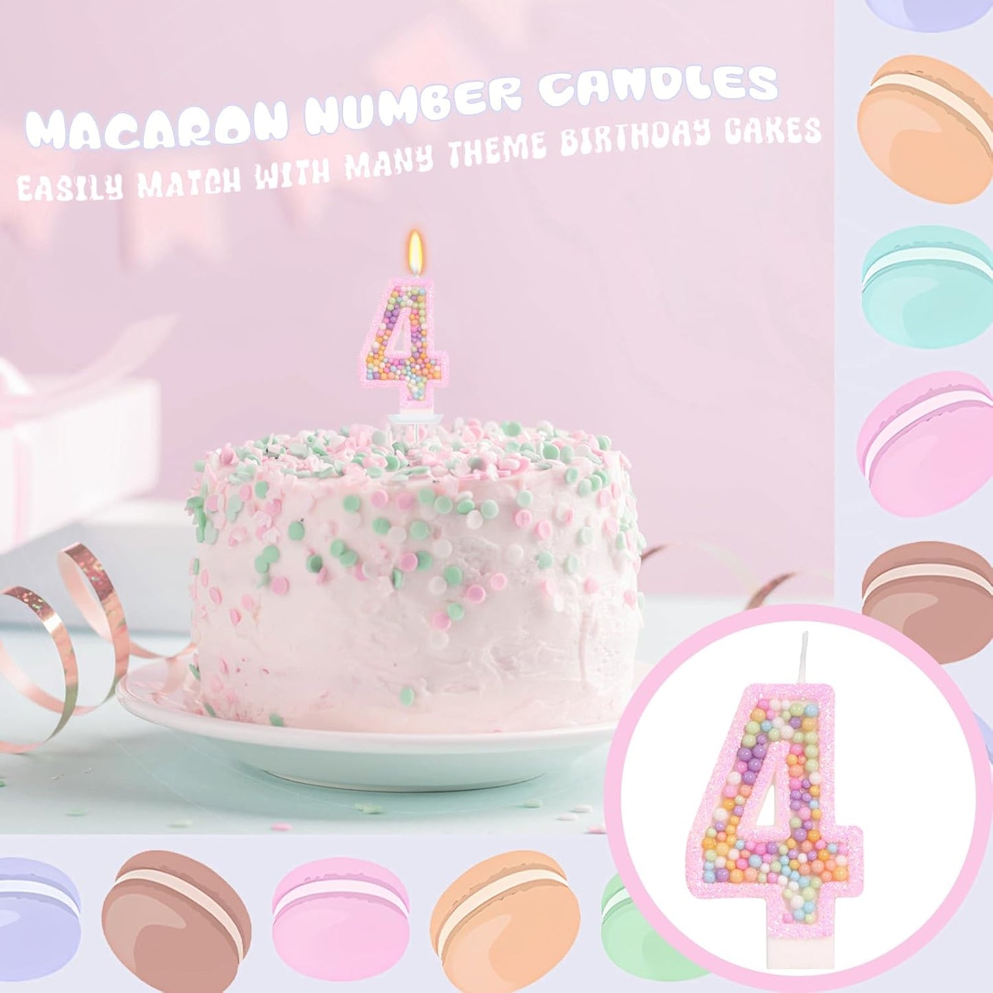 Birthday Candles for Girls - Number 4 Candle, Colorful Macaron Candles, 4 Cake Topper Cake Decorations, 4th Birthday Decorations for Girl, Theme Birthday Party Supplies (Pink)