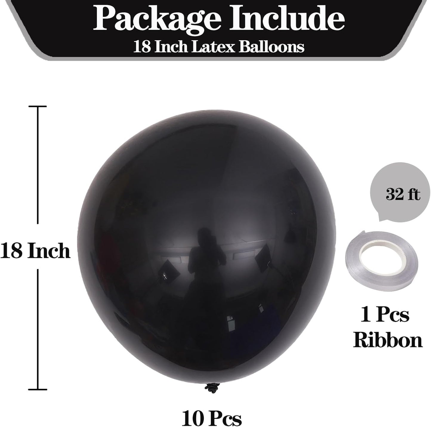KALOR 18 Inch Black Balloons, 10 Pcs Black Matte Latex Balloons Big Round Balloons for Wedding, Baby Shower, Birthday Party and Event Decoration