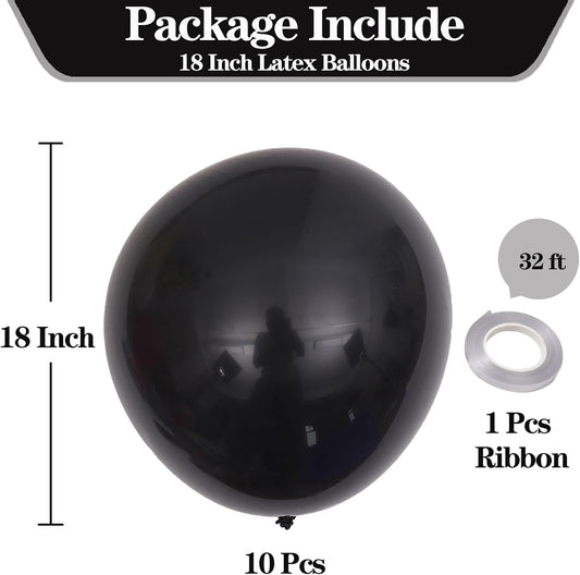 KALOR 18 Inch Black Balloons, 10 Pcs Black Matte Latex Balloons Big Round Balloons for Wedding, Baby Shower, Birthday Party and Event Decoration
