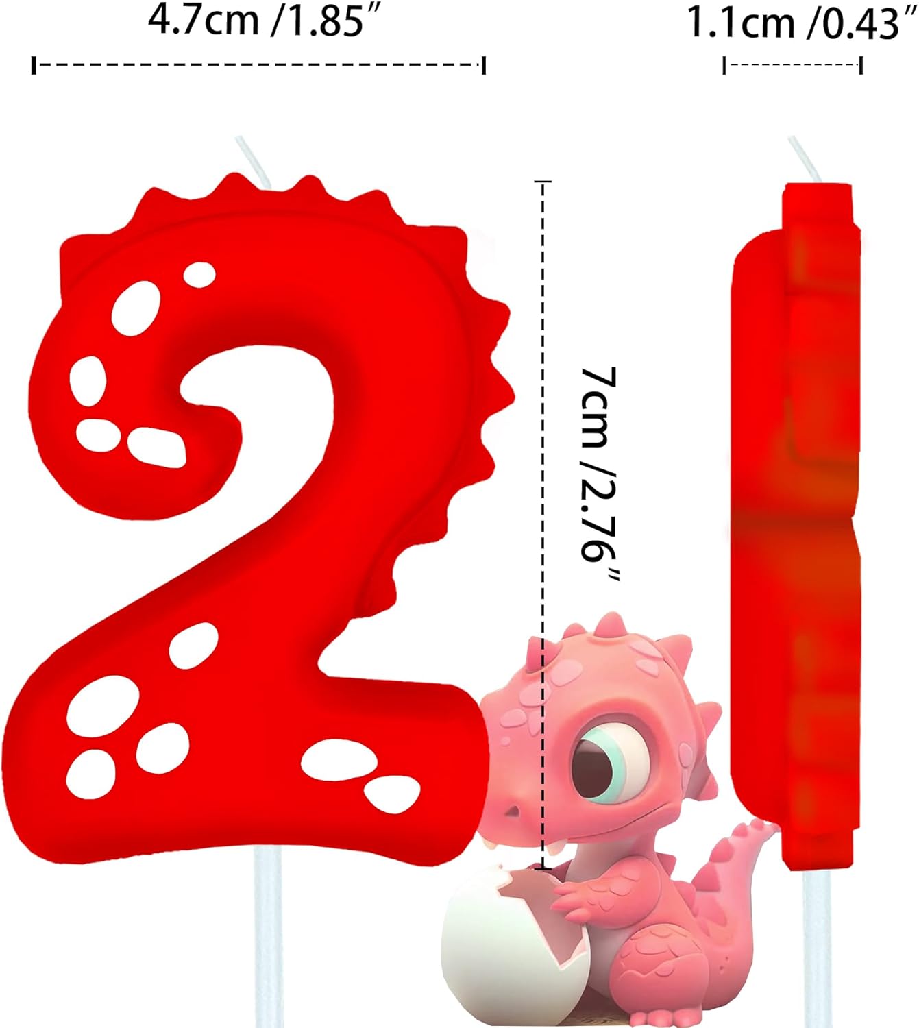 Number Birthday Candles(2 Candle Red) Dinosaur Shape Number Happy Birthday Cake Candles for Dinosaur Birthday Party Decoration Reunions Theme Party