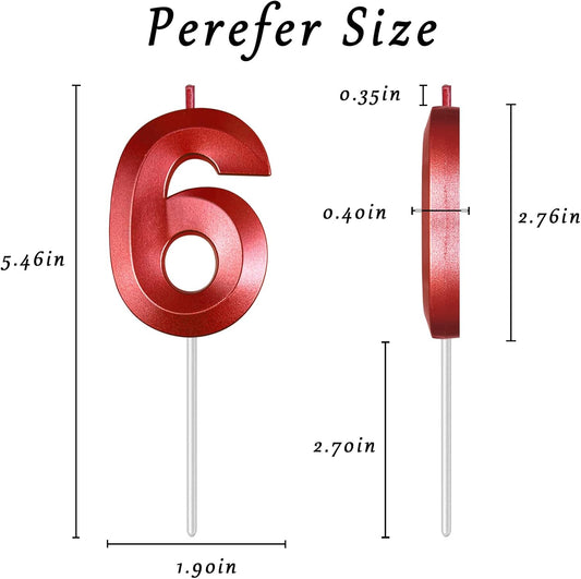 Red Number 6 Candles, 3D Diamond 2.76 Inch Cake Topper Birthday Candles for Wedding Anniversary Cake Decorations, Happy Birthday Party Decorations