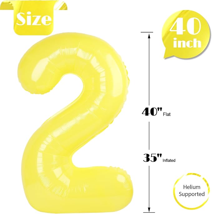 Yellow Number 2 Balloon 40 Inch, 2nd Birthday Decoration for Toddlers Girls Boys, Sparkling 2 Number Balloon Party Decor