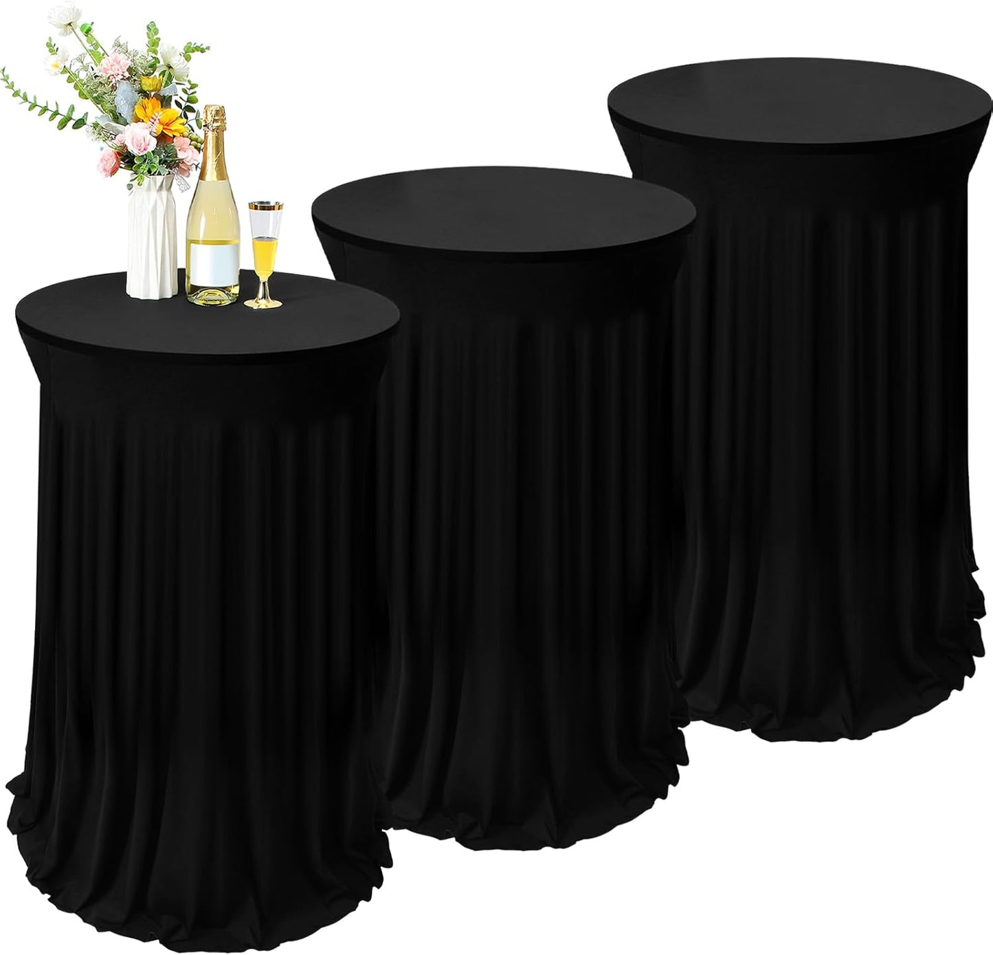 Tegeme 3 Packs 32 x 43 Inch Round Spandex Cocktail Tablecloths with Skirt Cocktail Round Table Cover Spandex Stretch Tablecloth for Fitted High Top Table Bar Wedding Party Banquet (Black)