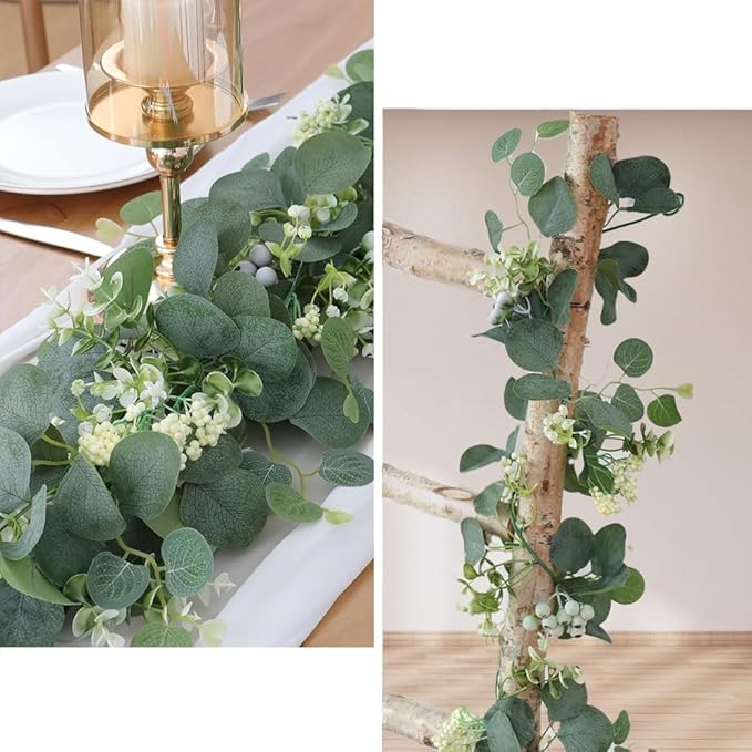 2 Pcs 5.9 Ft Artificial Eucalyptus Flowers Garland, Eucalyptus Leaves Decor for Home Decoration Artificial Vine for Mantle Office Party Wedding Arch Decor (2)