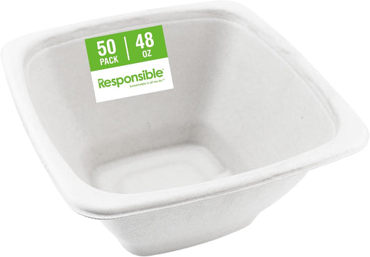 100% Compostable Square Serving Bowls, 48 oz Disposable Paper Bowls, Microwave Safe, Freezer Safe, Soup Safe, No Plastic, Eco-Friendly, Tree-Free, No PFAS. White (50 Count)