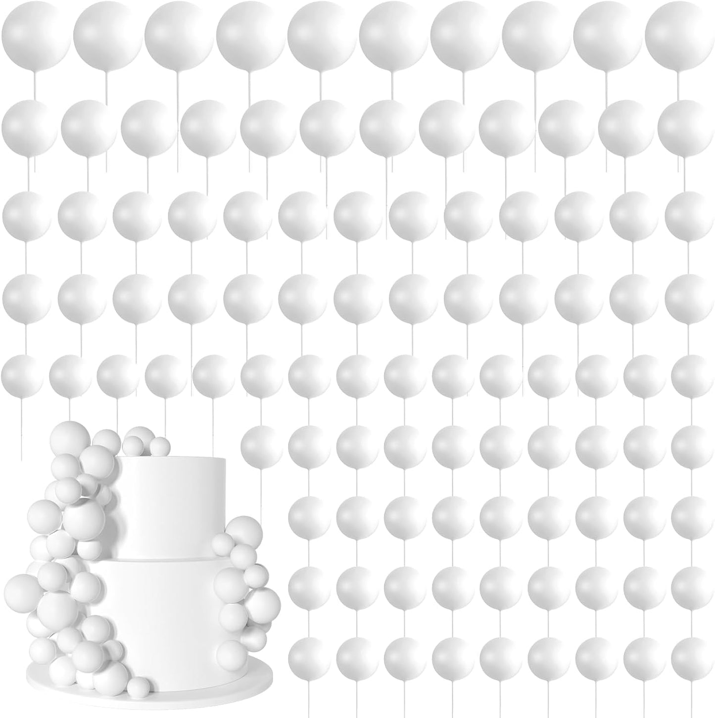 138 Pcs White Balls Cake Topper Decorations Balloon Cupcake Toppers Foam Multisize Cake Topper Balls for Birthday Party Wedding Anniversary