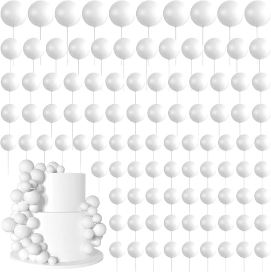 138 Pcs White Balls Cake Topper Decorations Balloon Cupcake Toppers Foam Multisize Cake Topper Balls for Birthday Party Wedding Anniversary