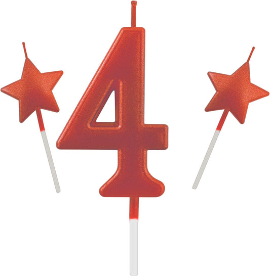 2.75in Tall Red Number 4 Birthday Candles, Glitter Happy Birthday Cake Cupcake Toppers Decoration for Adults/Kids Party Baking