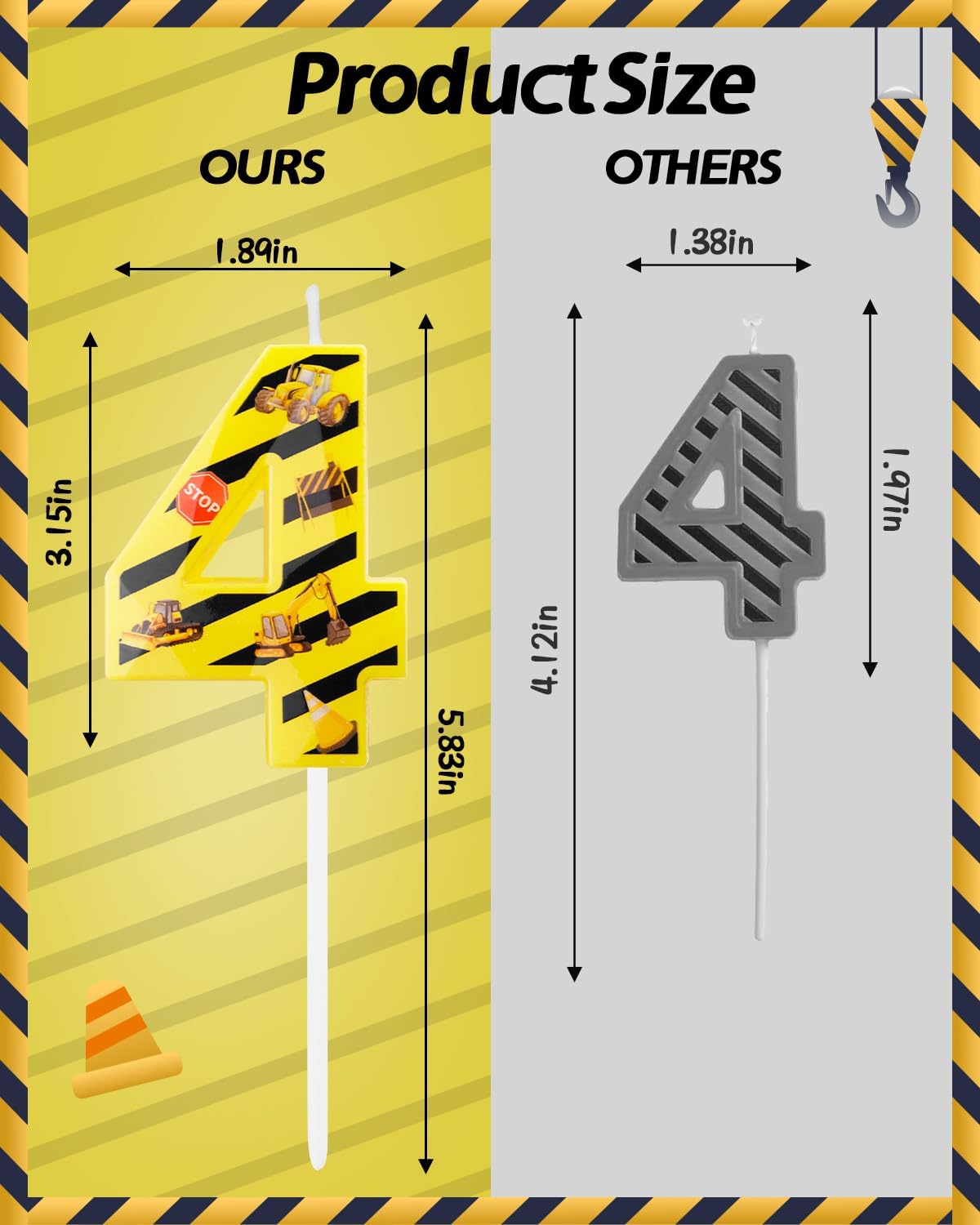 Number 4 Construction Birthday Candle, 2.68 Inch Yellow and Black Striped Candle, Birthday Candles Numbers Construction Cake Topper for Boys Girls, Construction Birthday Party Supplies Decorations