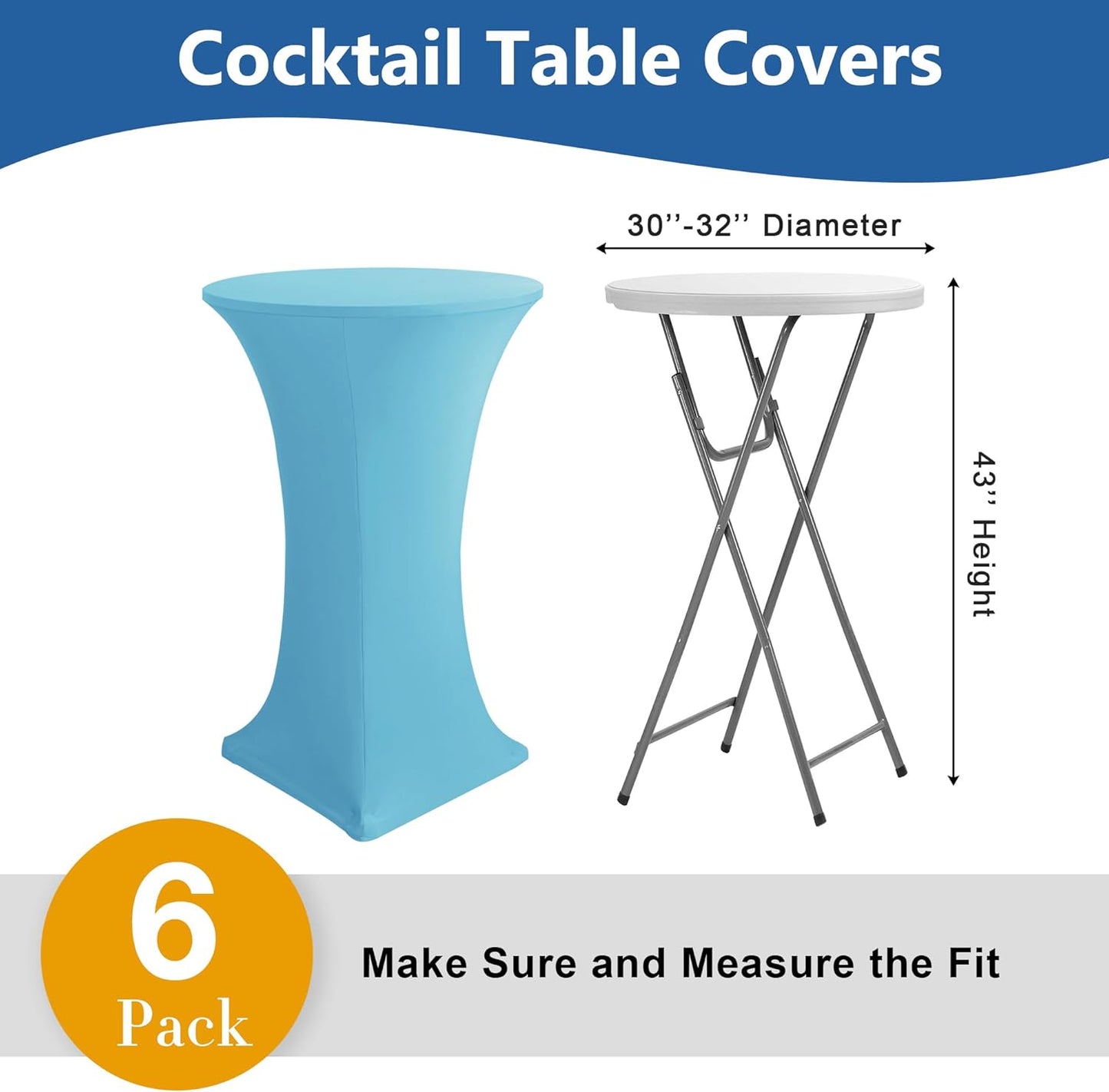 Cocktail Table Covers-Spandex Round High Top Table Cloths 6 Pack 32x43 Inch-Light Blue Stretch Fitted Bar Tall Tablecloth for Pub Bistro Highboy Party Banquet Height Folding Satnding Tables