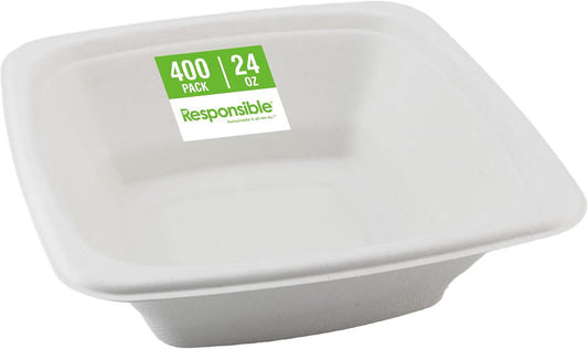 100% Compostable Square Serving Bowls, 24 oz Disposable Paper Bowls, Microwave Safe, Freezer Safe, Soup Safe, No Plastic, Eco-Friendly, Tree-Free, No PFAS. White (400 Count)