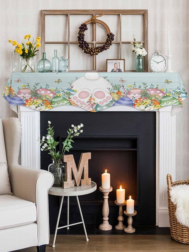 Easter Bunny Tail Fireplace Mantel Scarf Table Runner, Colorful Easter Eggs Teal Wooden Leaves Winter Garland Mantel Top Tablerunners Dresser Scarves Cover for Windows Party Living Room 90''x17''