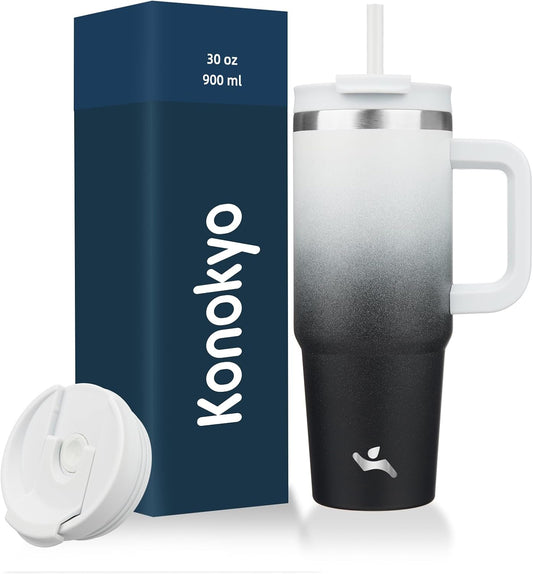 30 oz Tumbler with Handle and 2 Straws,2 in 1 Lid Insulated Water Bottle Stainless Steel Travel Coffee Mug,Day Night