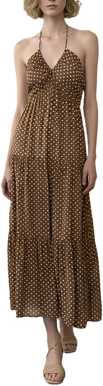 Women's Casual Halter Tiered Vacation Maxi Dress with Pockets