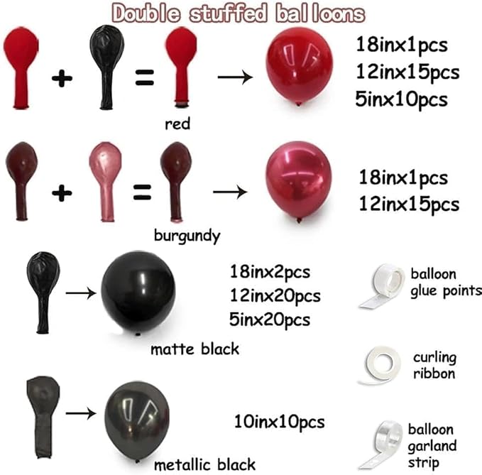 Black Red Balloon Arch Double Stuffed Black Burgundy Maroon Balloons Dark Ruby Red Metallic Balloon Garland Kit for New Year Birthday Wedding Valentines Anniversary Graduation Party Decorations