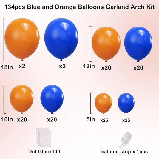 YMSZ Blue and Orange Balloons Arch Kit, 134pcs Royal Blue and Orange Balloons for Birthday, Graduation, Baby Shower Party Decorations