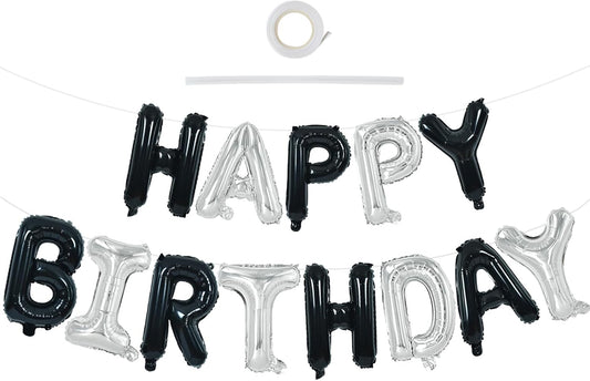 TONIFUL Happy Birthday Balloons Banner with Ribbon Straw, 16 Inch Mylar Letters Birthday Sign Banner Balloon Bunting Reusable for Girls Boys Kids & Adults Birthday Halloween Supplies（Black Silver）