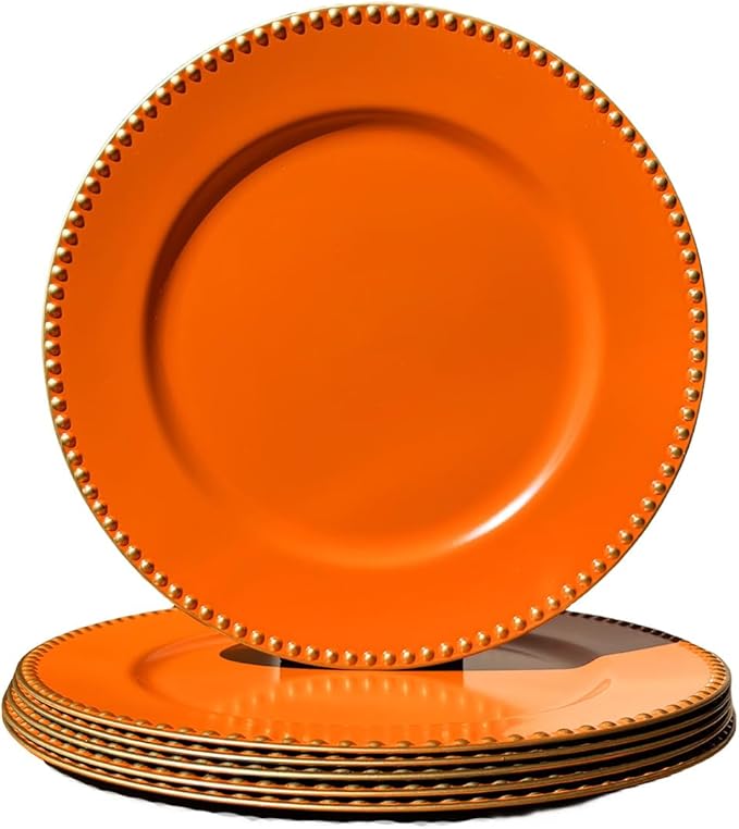 Orange Charger Plates with Beaded Rim, 13" Round Charger for Dinner Plates, Set of 6, Plastic Plate Chargers for Halloween, Table Setting, Party Decoration.