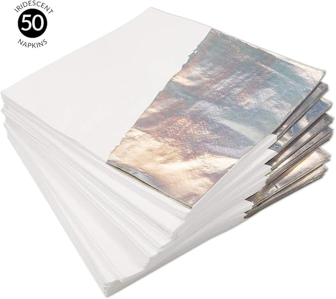 Andaz Press Holographic Silver Foil Dipped 6.5-Inch Lunch Iridescent Napkins Bulk 50-Pack Count, 3-Ply Disposable Modern Lunch Metallic Holographic Napkins for Iridescent Theme Party Baby Shower