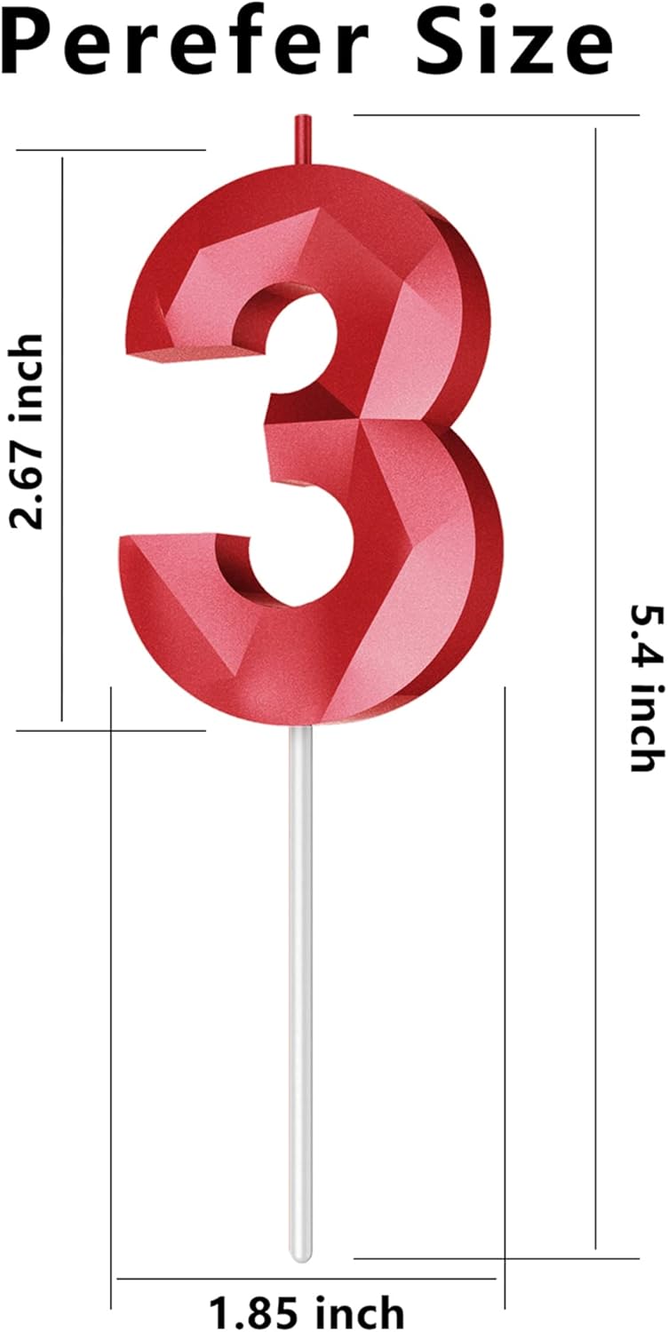 Number Birthday Candles(3 Candle Red) 3D Diamond Shape Number Happy Birthday Cake Candles for Birthday Party Wedding Decoration Reunions Theme Party