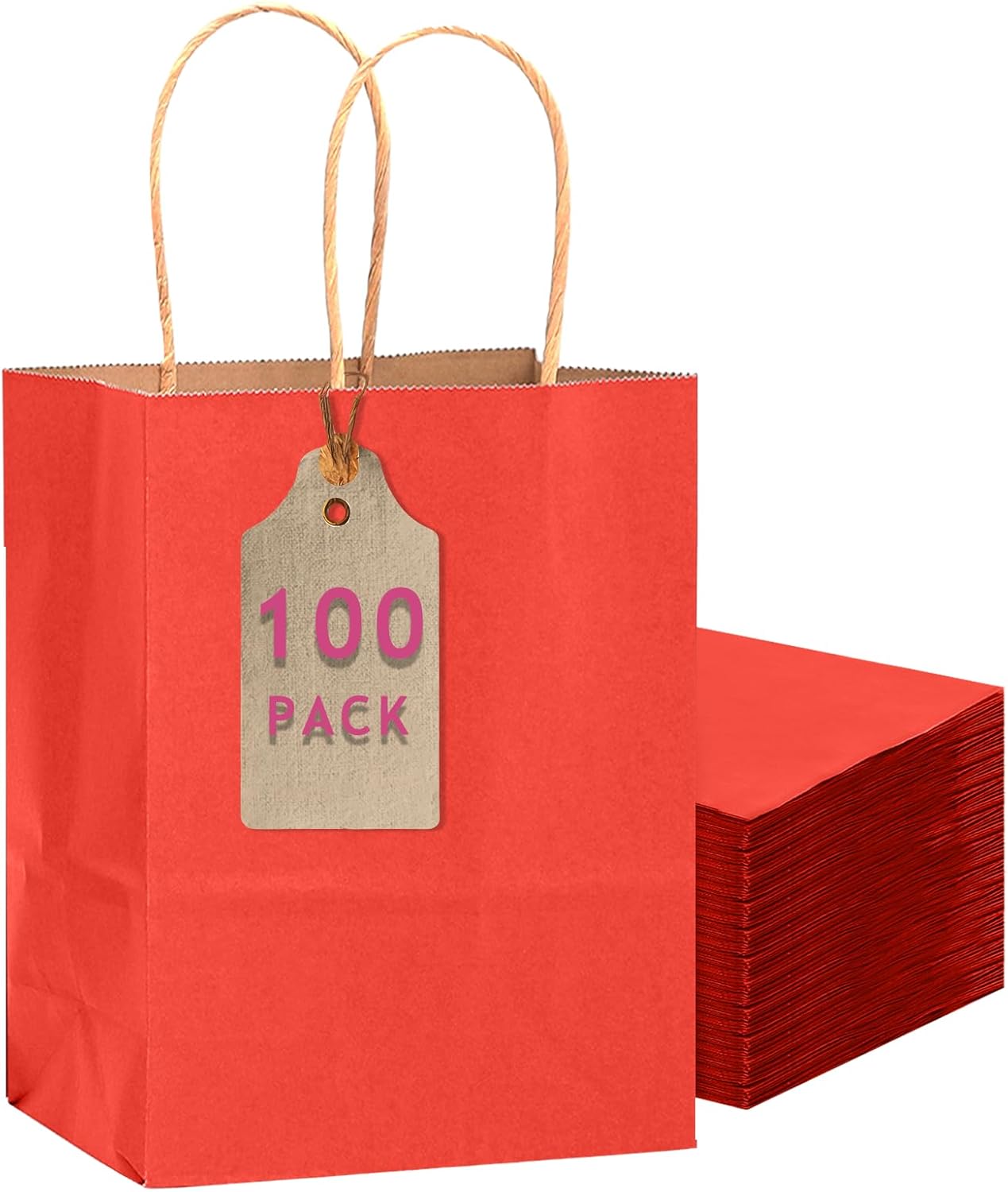qiqee 100PCS Gift Bag with Handles Bulk Kraft Red Paper Bags Multiple Uses (11"x5"x8"inch Medium Size)